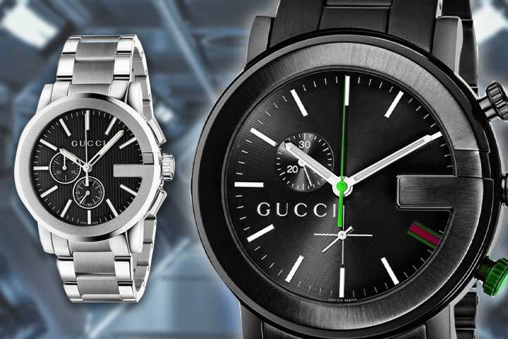 Relojes Gucci G-Chrono plateados y negros con fondo metálico